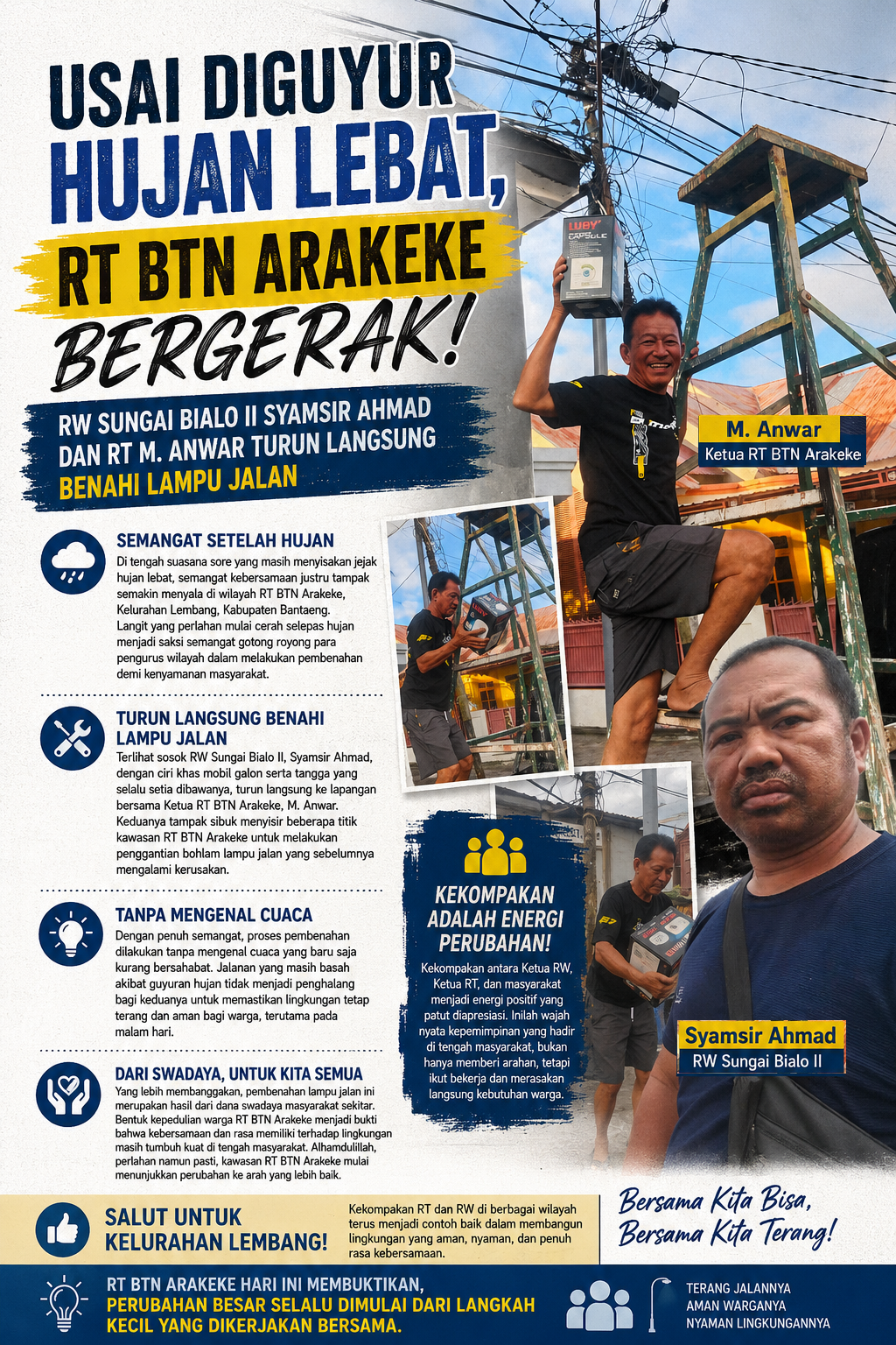 Usai Diguyur Hujan Lebat, RT BTN Arakeke Bergerak! RW Sungai Bialo II Syamsir Ahmad dan RT M. Anwar Turun Langsung Benahi Lampu Jalan.